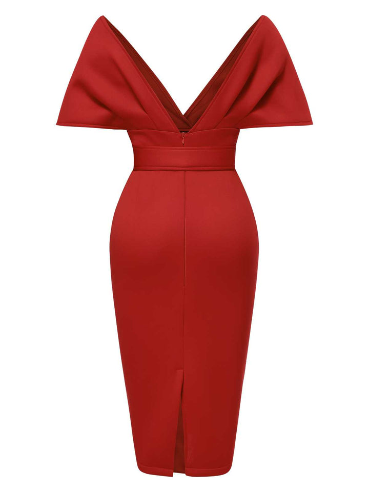 1960s Off-Shoulder Belted Solid Bodycon Dress: where 1960s romance meets her modern spirit