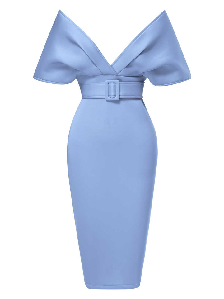 1960s Off-Shoulder Belted Solid Bodycon Dress — the kind of 1960s dress that makes strangers smile