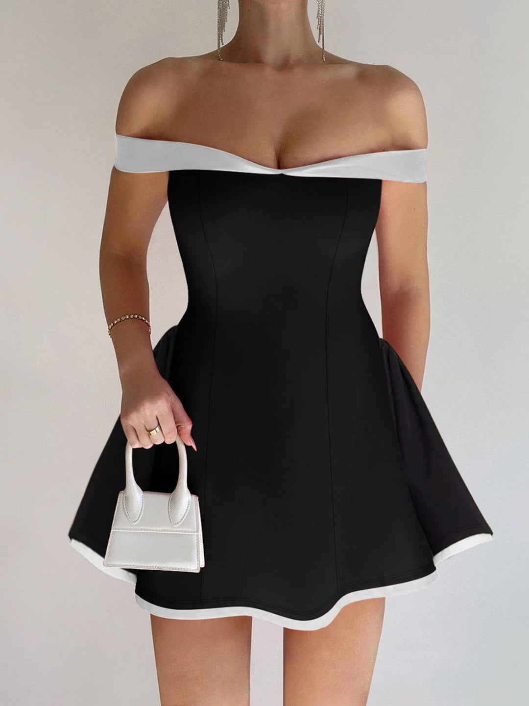 1960s Off-Shoulder Fit Solid Mini Dress - vintage dress, retro fashion