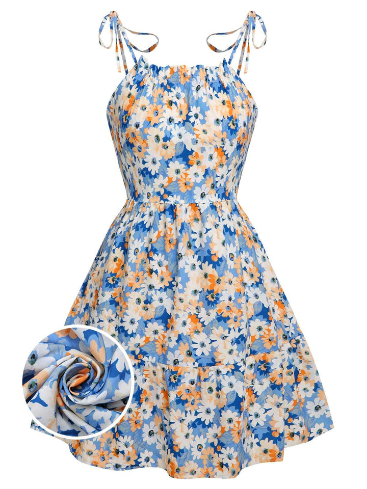 She slips into this 1960s Oil Painting Daisy Shoulder Tie Dress and suddenly it&