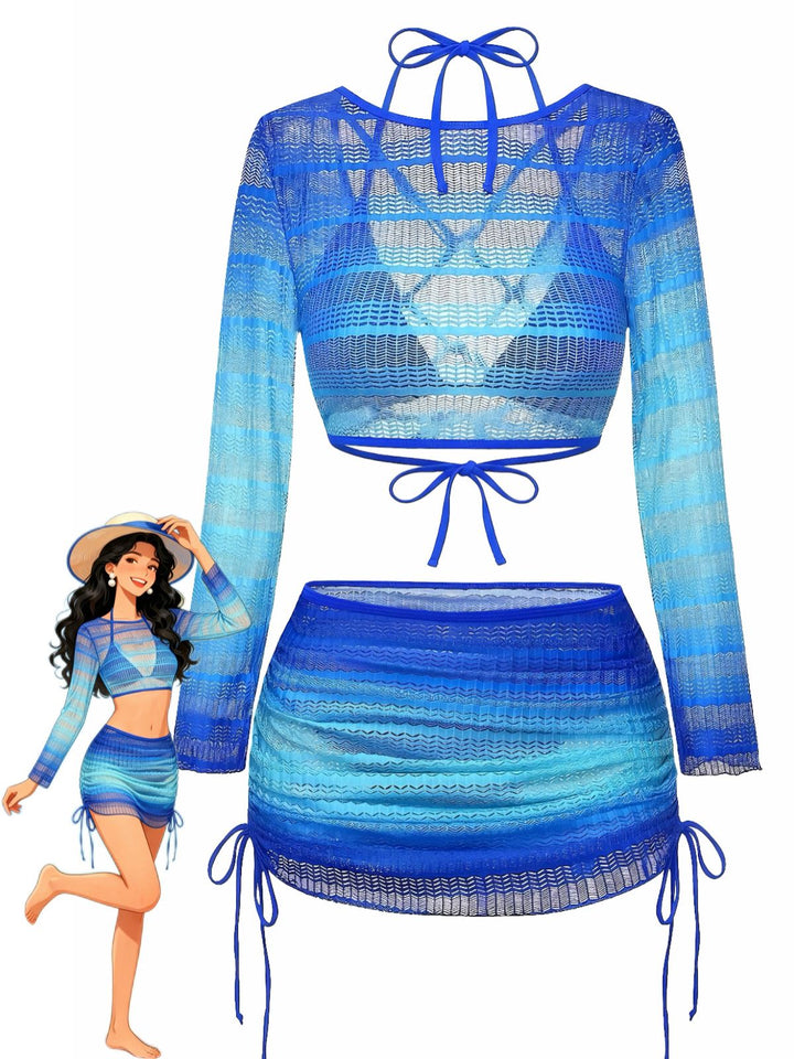 Ombre Crochet Long Sleeve Bikini Set &amp; Cover-Up Set - vintage swimsuit, swimwear for vintage lovers