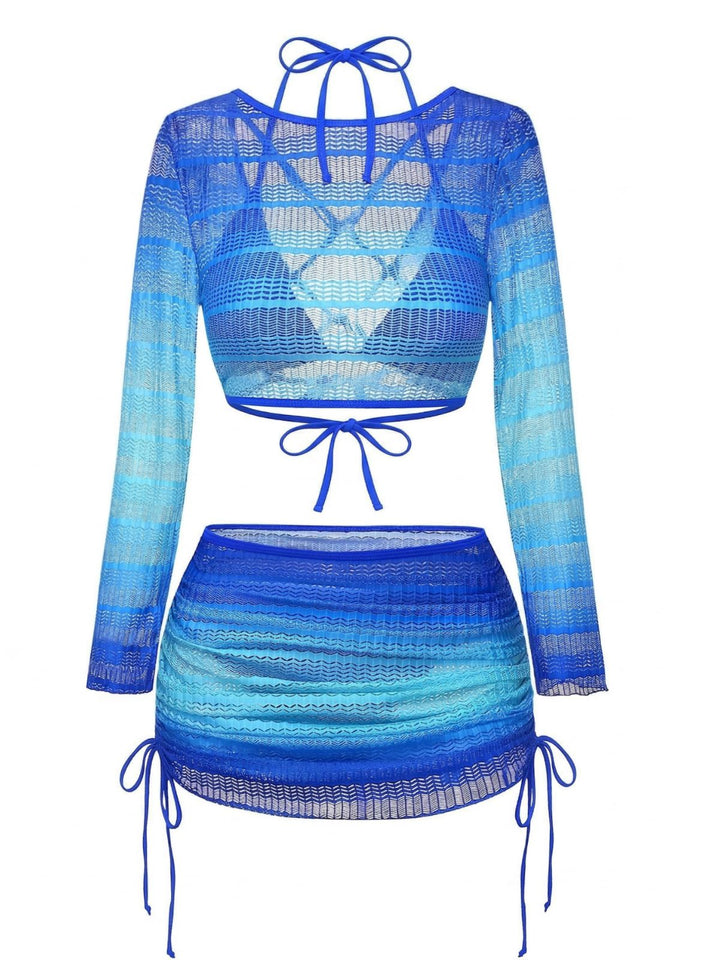 Ombre Crochet Long Sleeve Bikini Set &amp; Cover-Up Set - vintage swimsuit, swimwear for vintage lovers