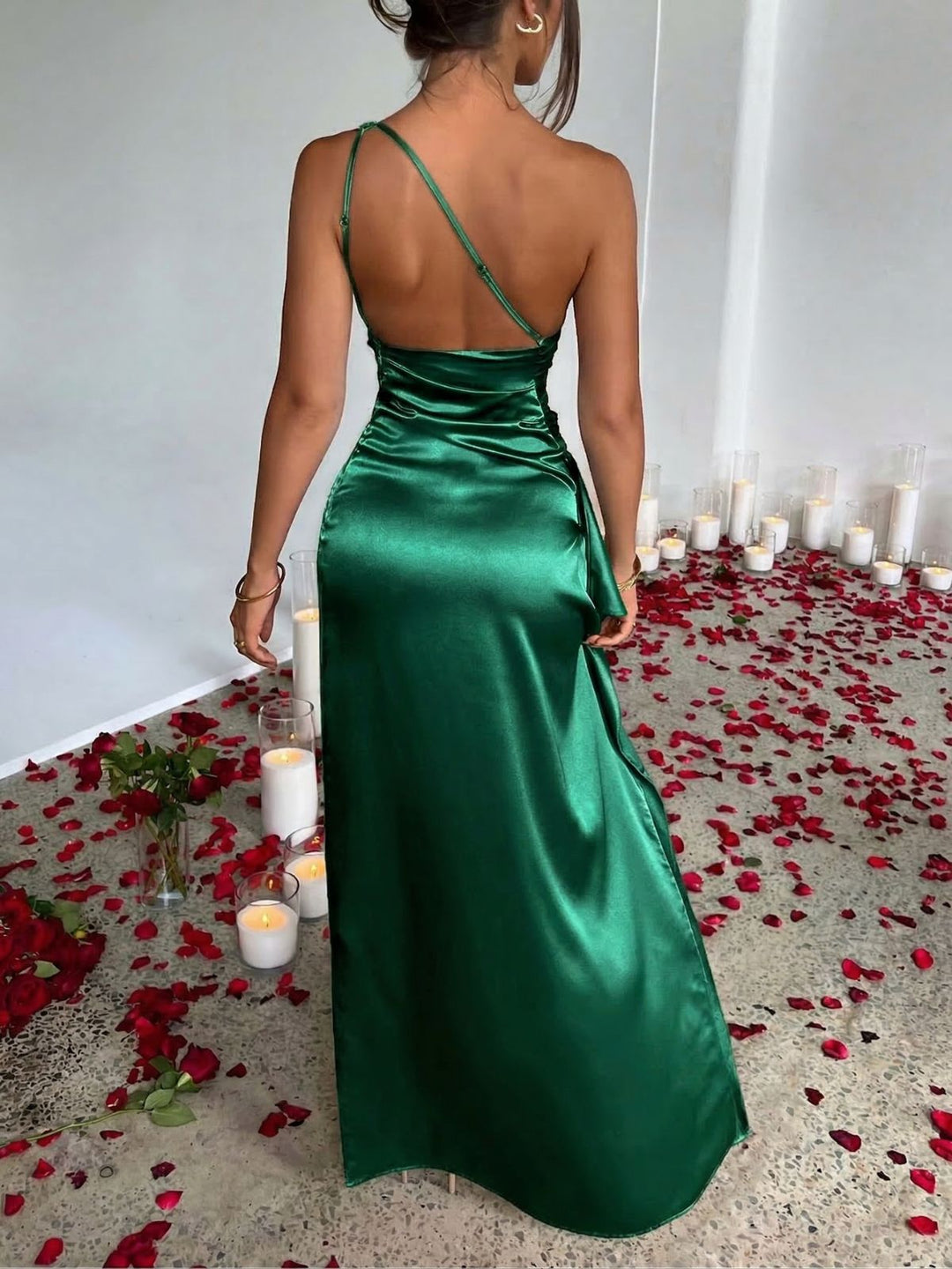 1960s One Shoulder Ruched Slit Satin Dress - vintage dress, retro fashion