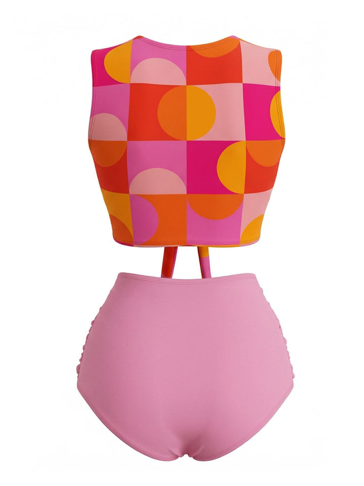 Orange 1960s Geometric Print High Waist Tankini Set - vintage fashion, retro style