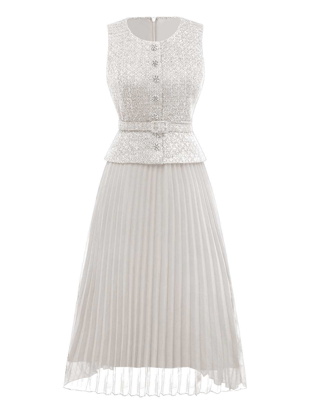 1960s Pearl Button Belted Sleeveless Pleated Dress - vintage dress, retro fashion