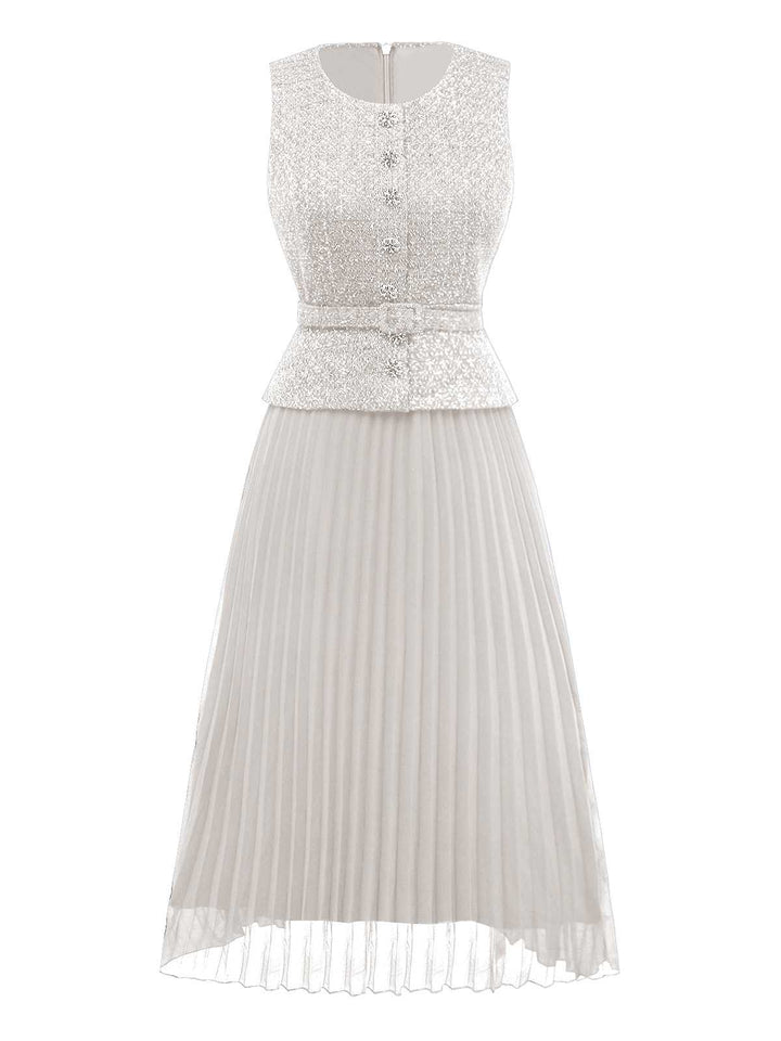 1960s Pearl Button Belted Sleeveless Pleated Dress - vintage dress, retro fashion