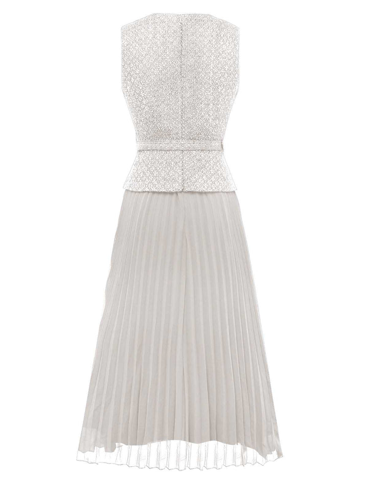 1960s Pearl Button Belted Sleeveless Pleated Dress - vintage dress, retro fashion