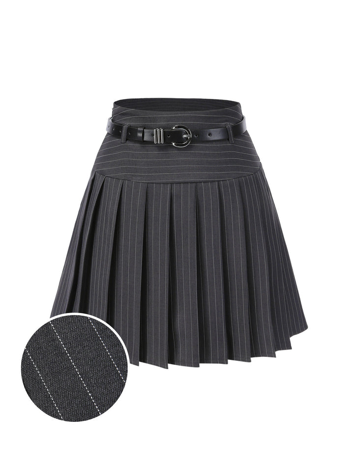 She sways in this Dark 1960s Pinstripes Belted Pleated Skirt and it&