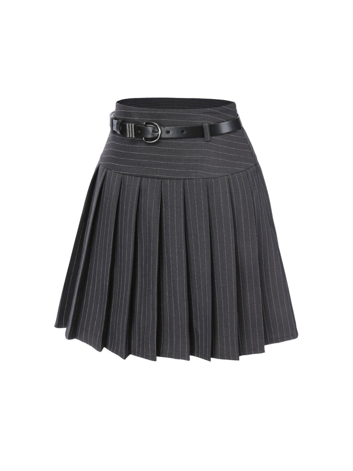 This Dark 1960s Pinstripes Belted Pleated Skirt spins 1960s stories with every step