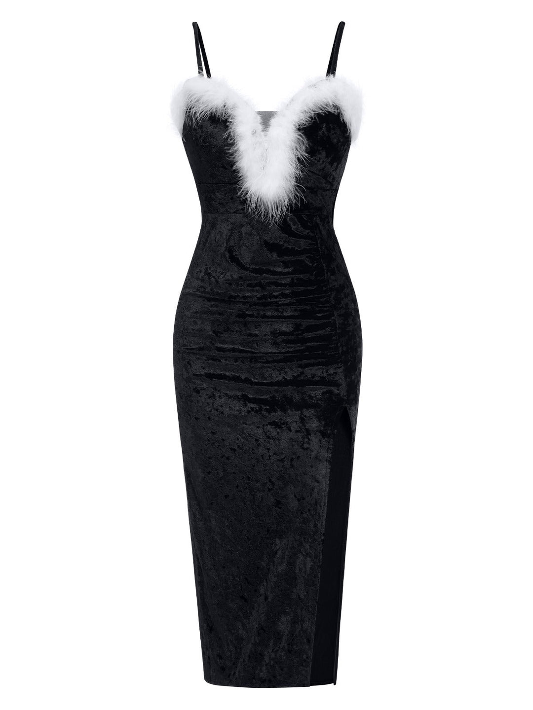 She slips into this 1960s Plush Patchwork Velvet Slit Straps Dress and suddenly it&