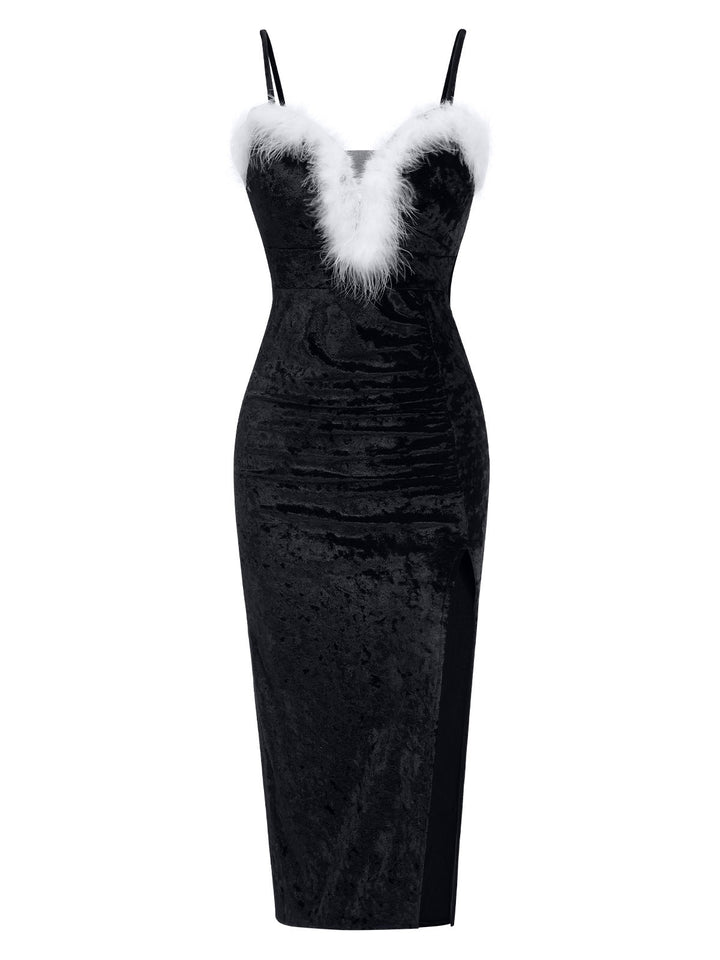 She slips into this 1960s Plush Patchwork Velvet Slit Straps Dress and suddenly it&