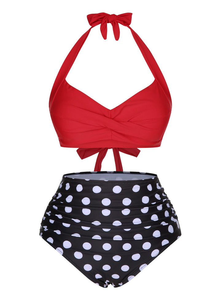 1960s Polka Dot Halter Back Strap Swimsuit, vintage swimsuit, pin-up swimwear - perfect for women who love vintage and retro fashion