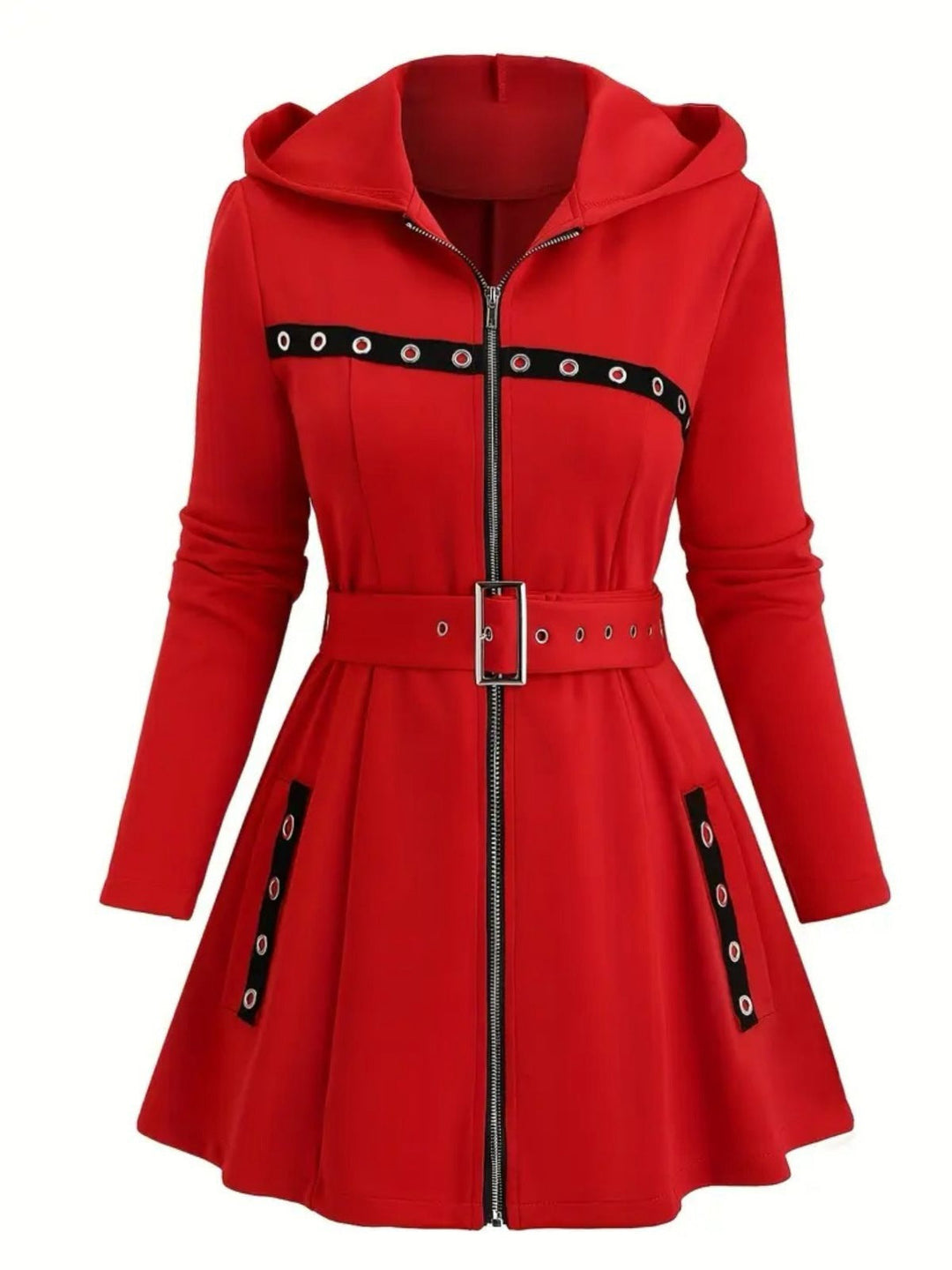 1960s Punk Hooded Zipper Belted Midi Jacket - vintage fashion, retro style