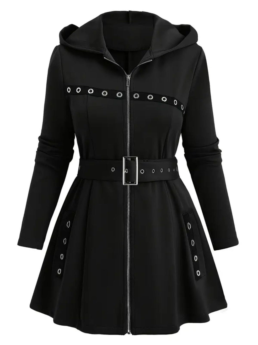1960s Punk Hooded Zipper Belted Midi Jacket - vintage fashion, retro style