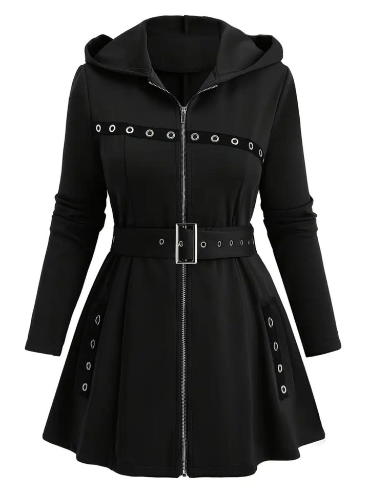 1960s Punk Hooded Zipper Belted Midi Jacket - vintage fashion, retro style