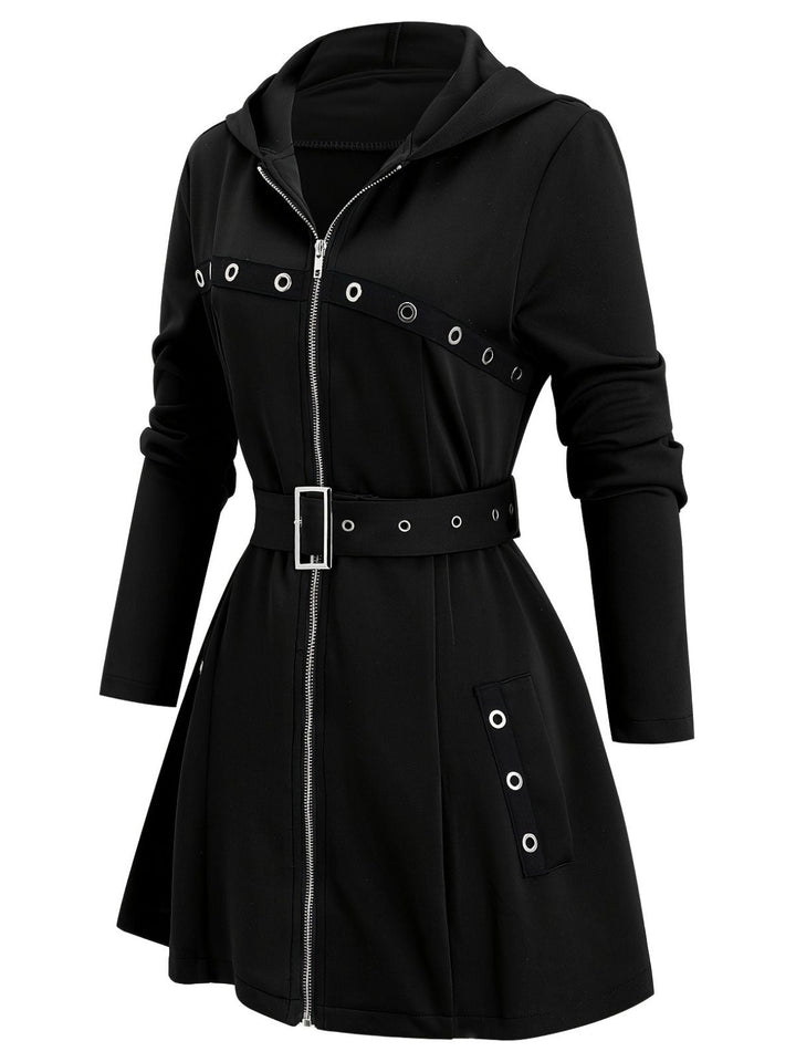 1960s Punk Hooded Zipper Belted Midi Jacket - vintage fashion, retro style
