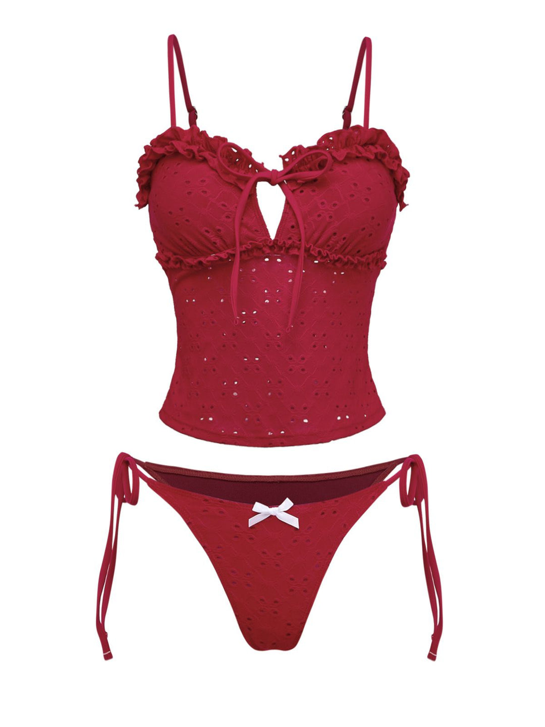 Red 1960s Embroidered Cutout Ruffled Side-Tie Tankini Set - vintage fashion, retro style, elegant red