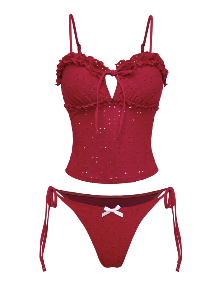 Red 1960s Embroidered Cutout Ruffled Side-Tie Tankini Set - vintage fashion, retro style, elegant red