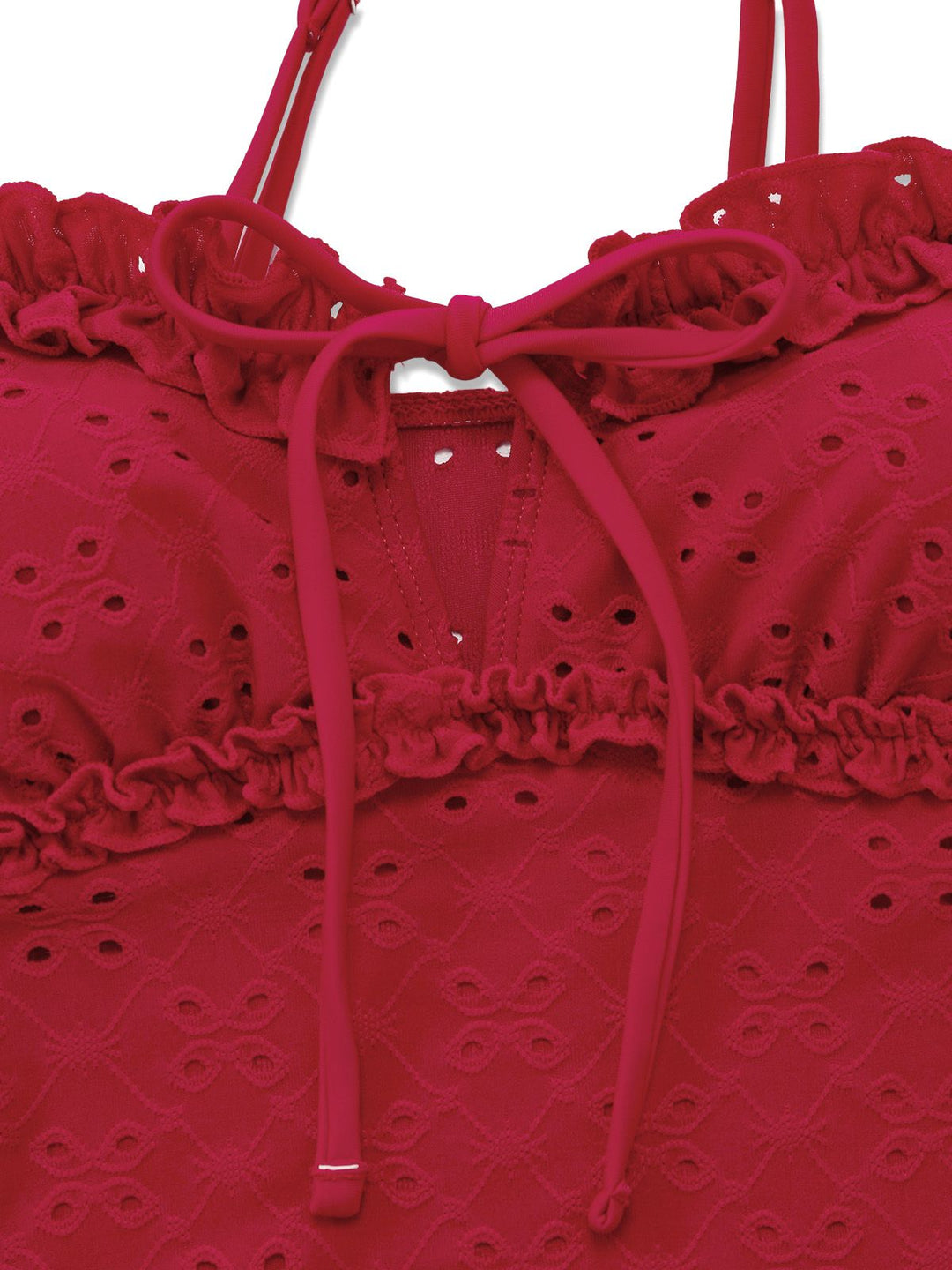 Red 1960s Embroidered Cutout Ruffled Side-Tie Tankini Set - vintage fashion, retro style, elegant red
