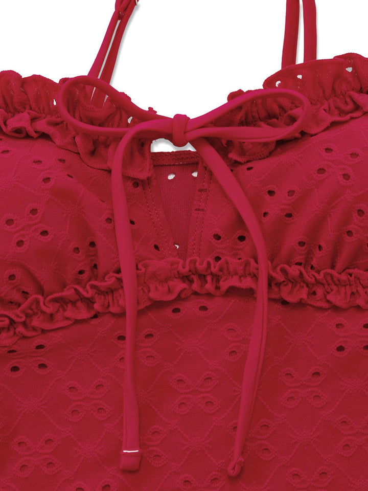 Red 1960s Embroidered Cutout Ruffled Side-Tie Tankini Set - vintage fashion, retro style, elegant red