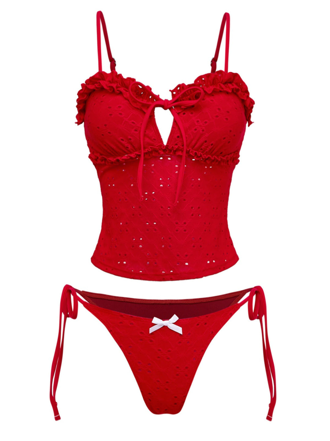 Red 1960s Embroidered Cutout Ruffled Side-Tie Tankini Set - vintage fashion, retro style, elegant red