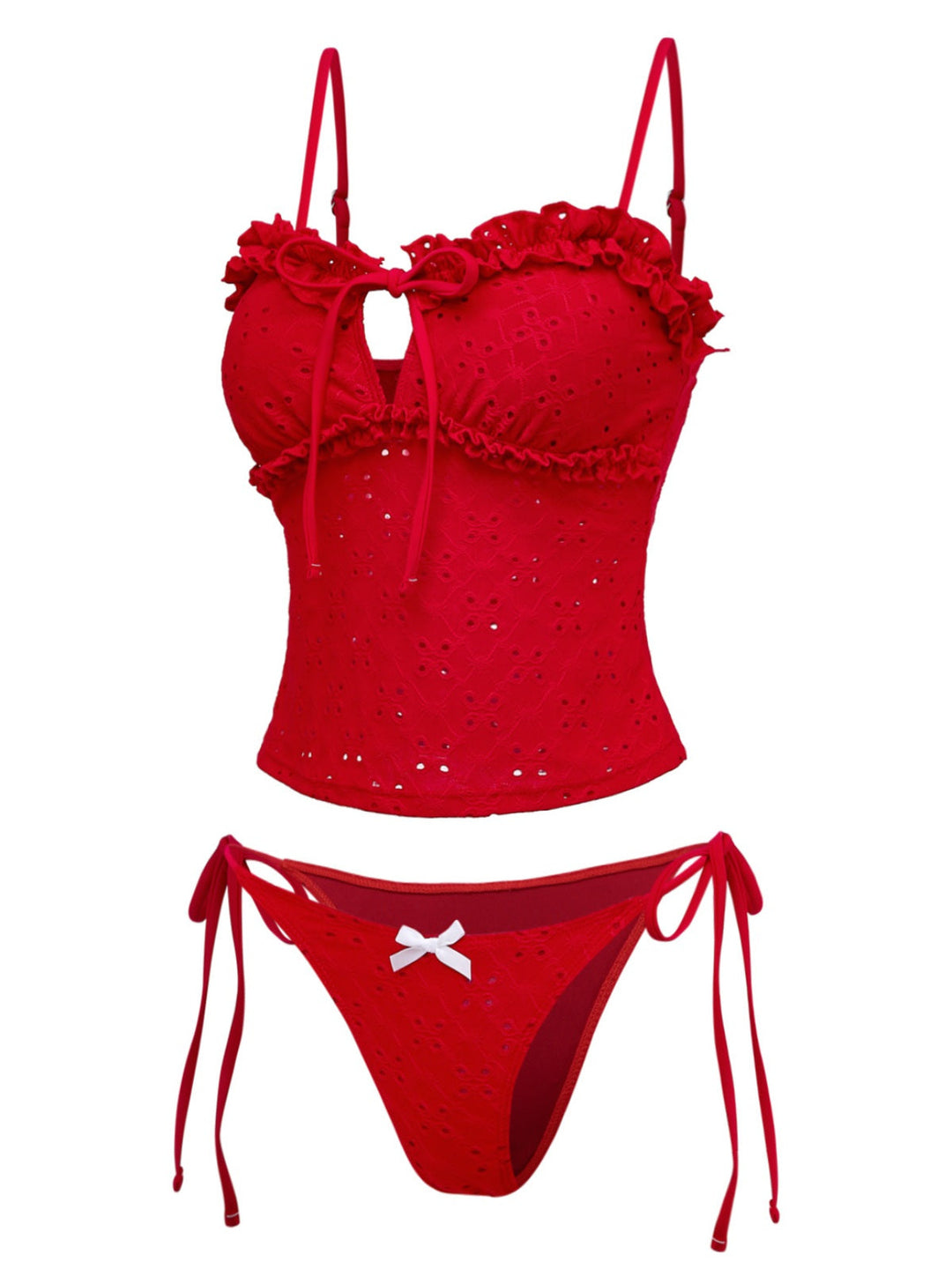 Red 1960s Embroidered Cutout Ruffled Side-Tie Tankini Set - vintage fashion, retro style, elegant red