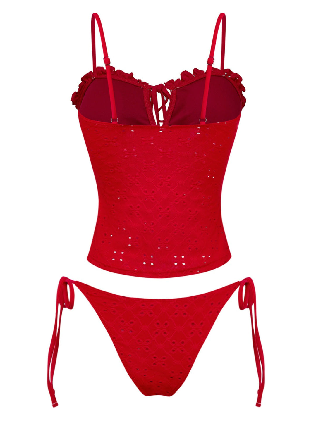 Red 1960s Embroidered Cutout Ruffled Side-Tie Tankini Set - vintage fashion, retro style, elegant red