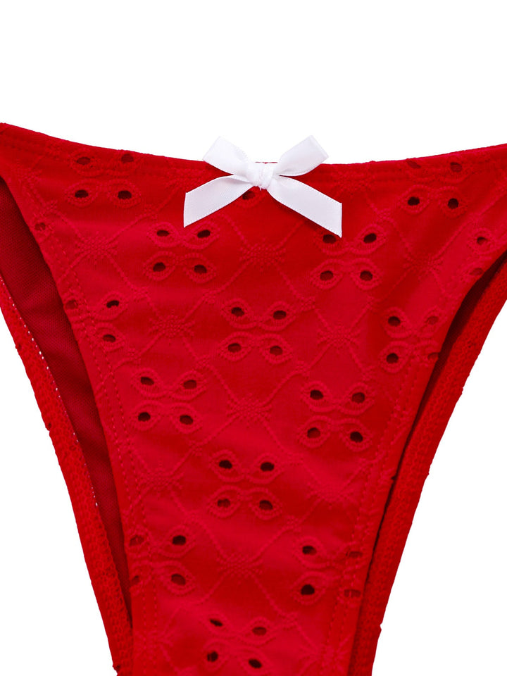 Red 1960s Embroidered Cutout Ruffled Side-Tie Tankini Set - vintage fashion, retro style, elegant red