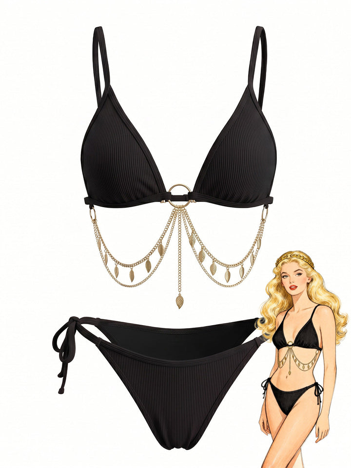 Ribbed Gold Chain Triangle Bikini Set, vintage swimsuit, swimwear, retro beach style, women, elegant