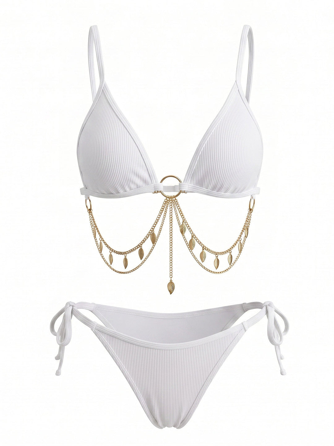Ribbed Gold Chain Triangle Bikini Set, vintage swimsuit, swimwear, retro beach style, women, elegant
