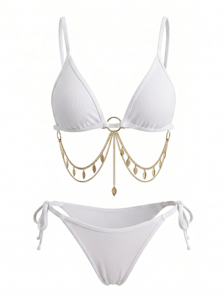 Ribbed Gold Chain Triangle Bikini Set, vintage swimsuit, swimwear, retro beach style, women, elegant