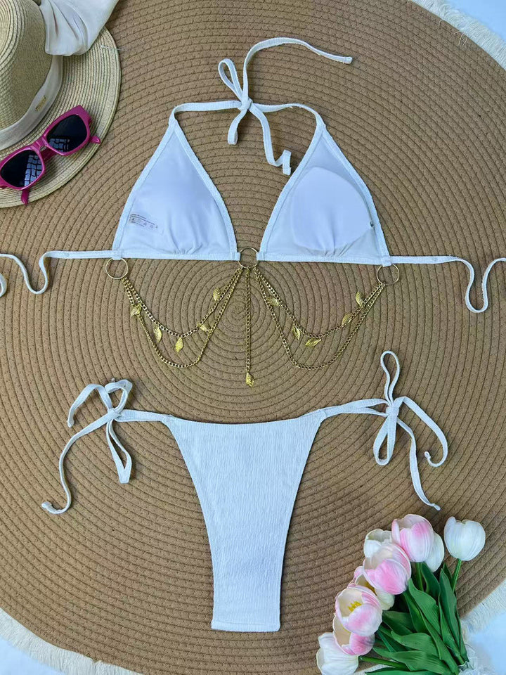 Ribbed Gold Chain Triangle Bikini Set, vintage swimsuit, swimwear, retro beach style, women, elegant