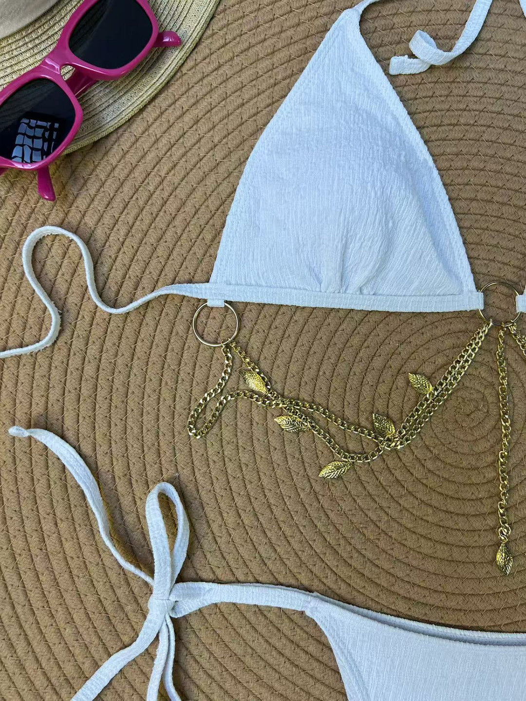 Ribbed Gold Chain Triangle Bikini Set, vintage swimsuit, swimwear, retro beach style, women, elegant