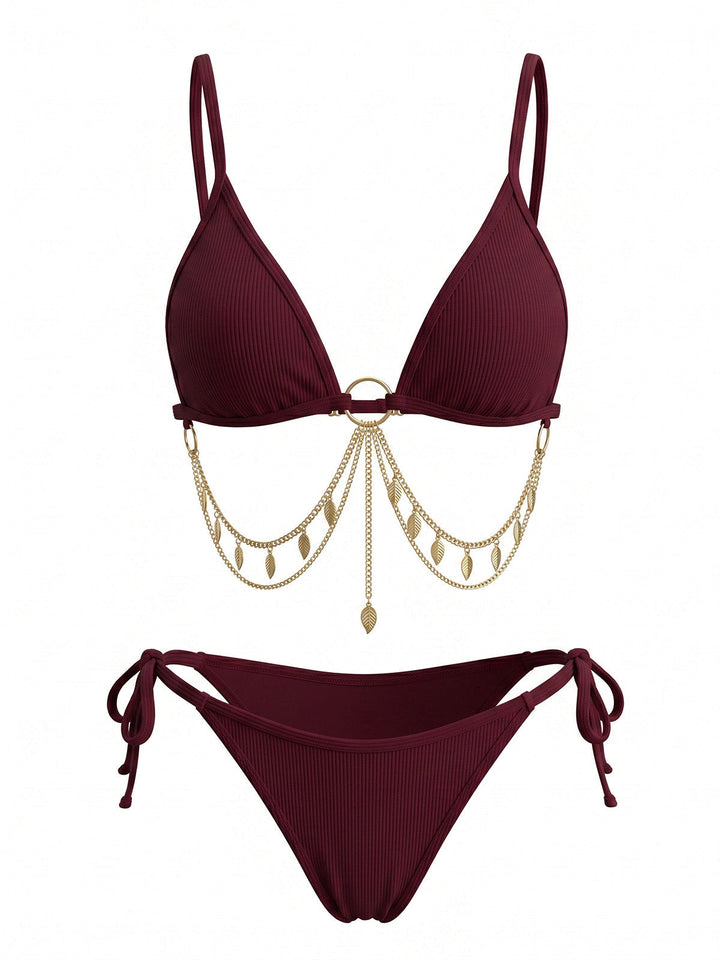 Ribbed Gold Chain Triangle Bikini Set, vintage swimsuit, swimwear, retro beach style, women, elegant