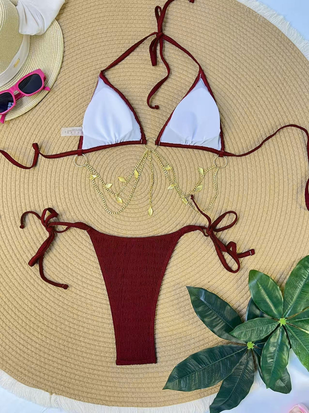 Ribbed Gold Chain Triangle Bikini Set, vintage swimsuit, swimwear, retro beach style, women, elegant