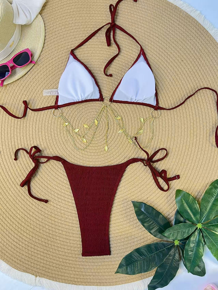 Ribbed Gold Chain Triangle Bikini Set, vintage swimsuit, swimwear, retro beach style, women, elegant