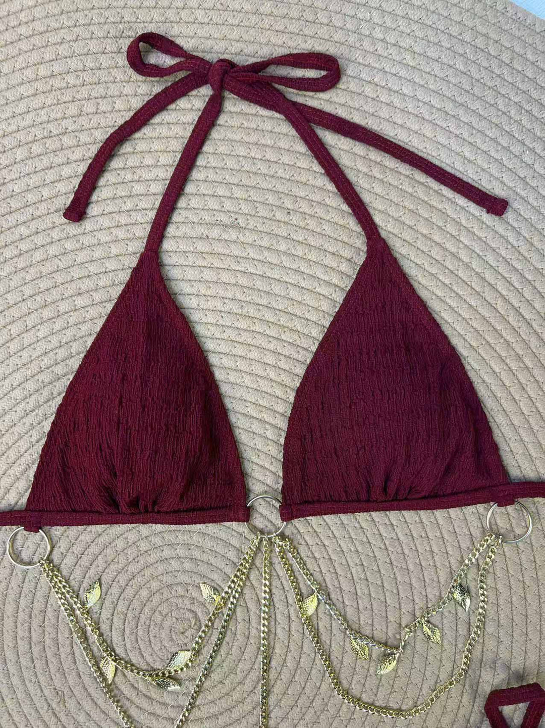 Ribbed Gold Chain Triangle Bikini Set, vintage swimsuit, swimwear, retro beach style, women, elegant