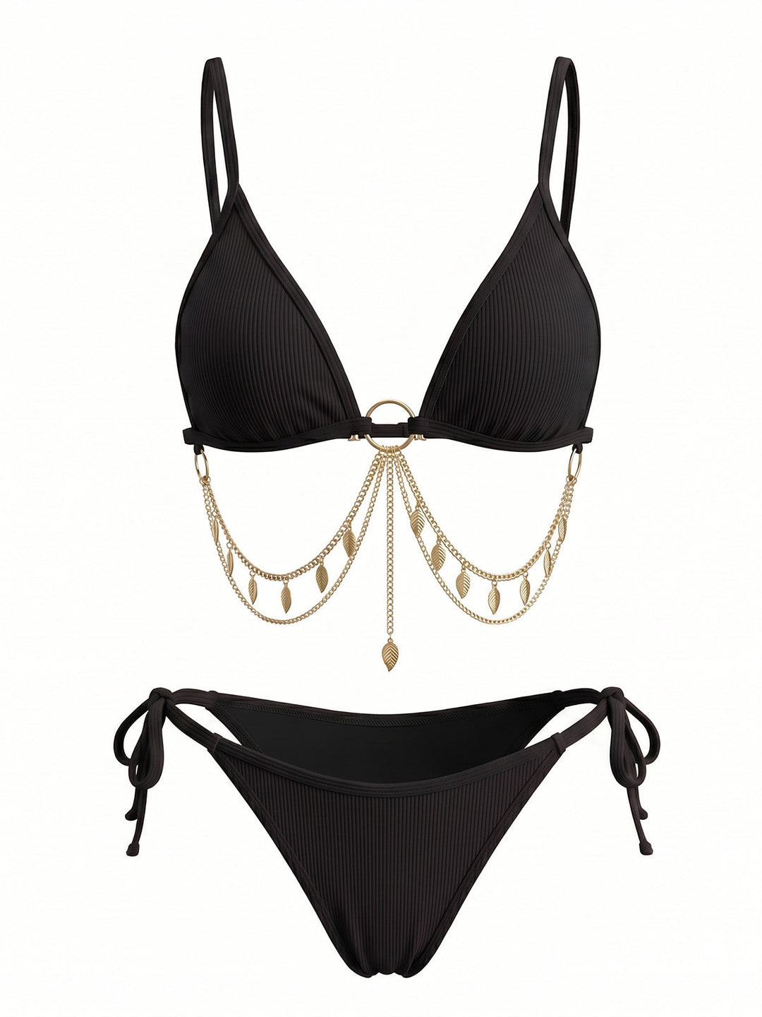 Ribbed Gold Chain Triangle Bikini Set, vintage swimsuit, swimwear, retro beach style, women, elegant