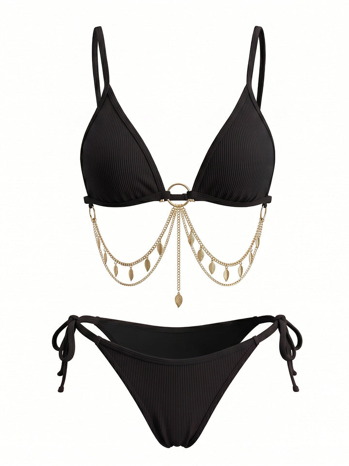 Ribbed Gold Chain Triangle Bikini Set, vintage swimsuit, swimwear, retro beach style, women, elegant