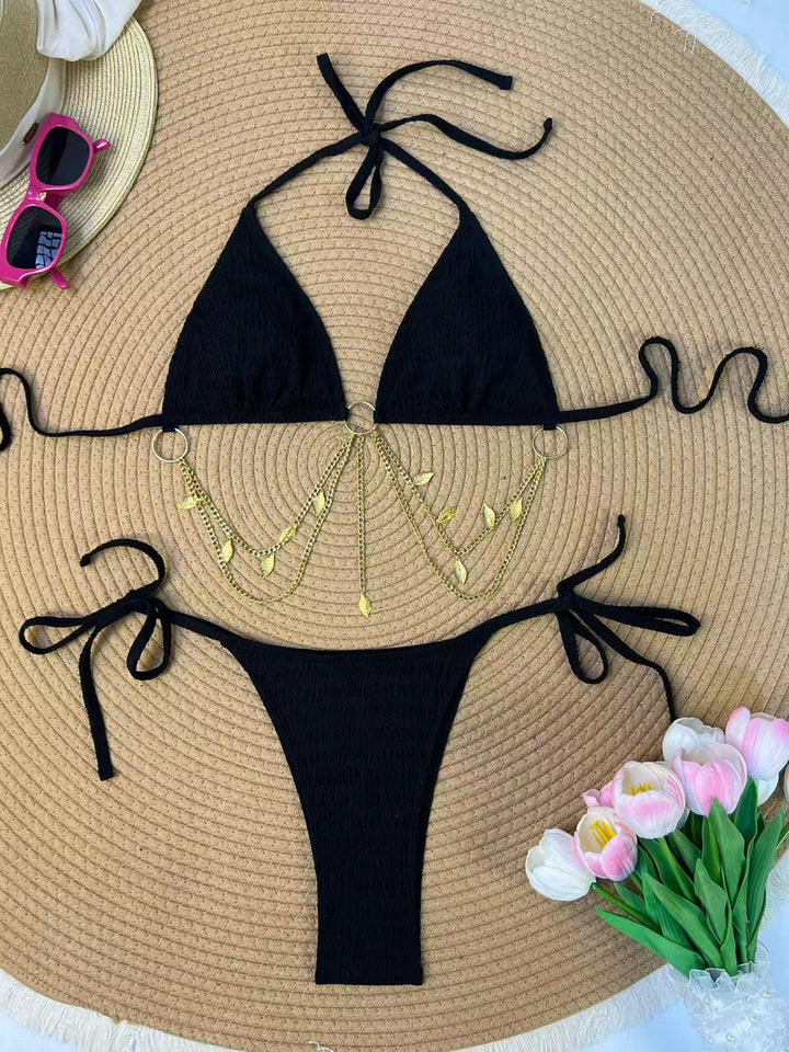 Ribbed Gold Chain Triangle Bikini Set, vintage swimsuit, swimwear, retro beach style, women, elegant