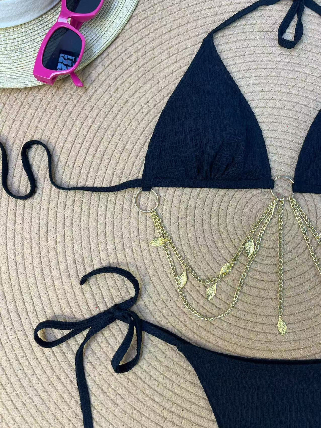 Ribbed Gold Chain Triangle Bikini Set, vintage swimsuit, swimwear, retro beach style, women, elegant