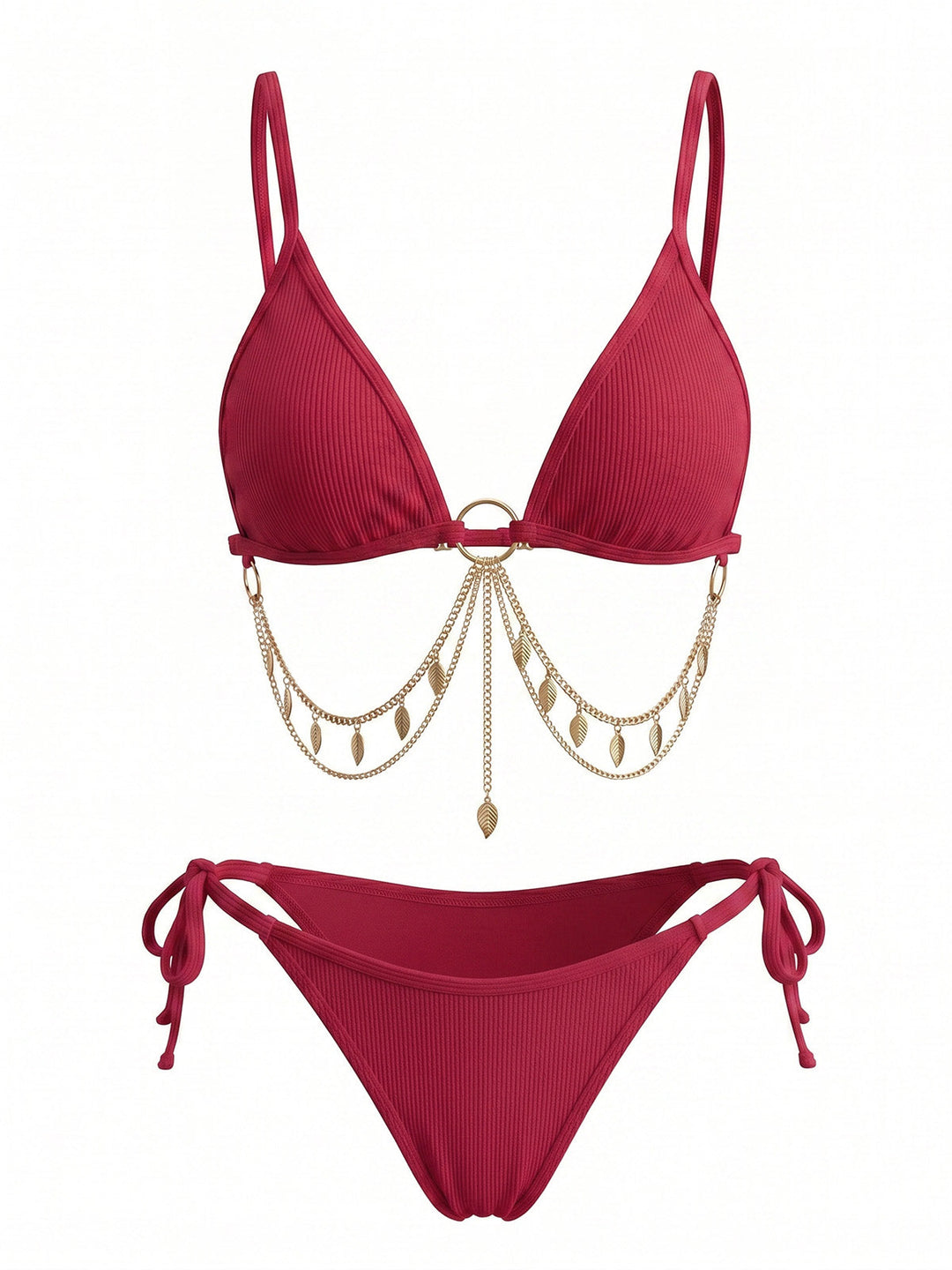 Ribbed Gold Chain Triangle Bikini Set, vintage swimsuit, swimwear, retro beach style, women, elegant