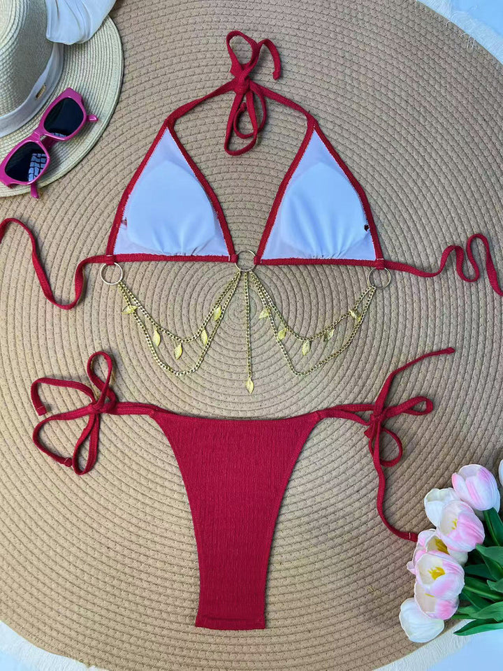 Ribbed Gold Chain Triangle Bikini Set, vintage swimsuit, swimwear, retro beach style, women, elegant