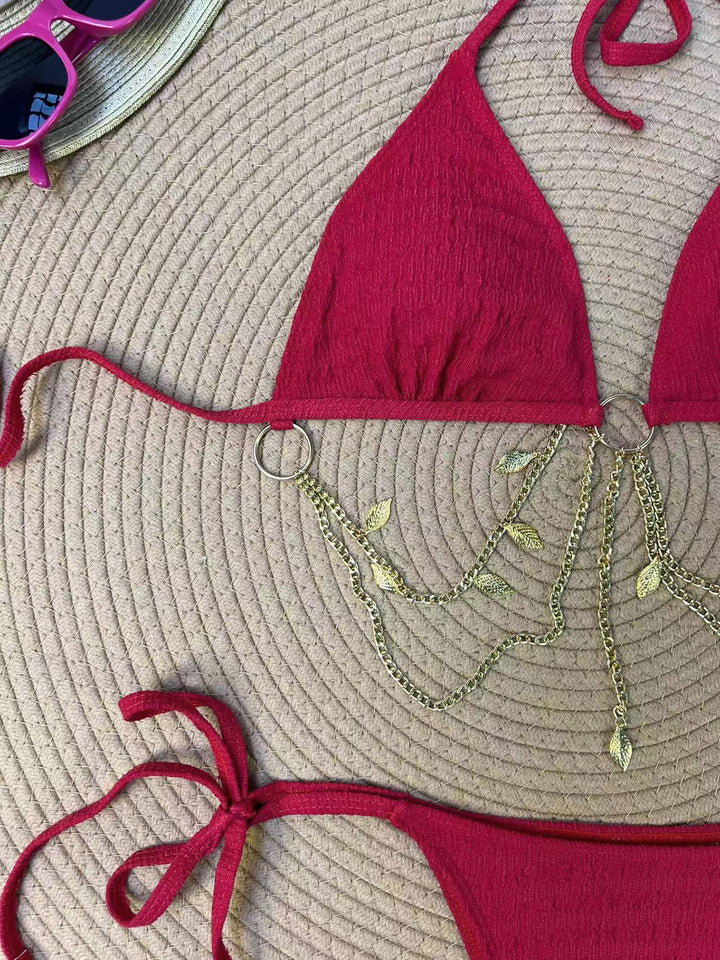 Ribbed Gold Chain Triangle Bikini Set, vintage swimsuit, swimwear, retro beach style, women, elegant