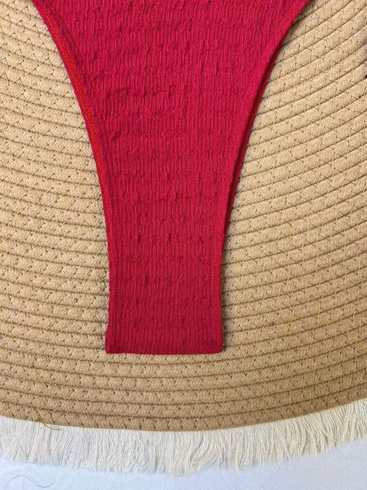Ribbed Gold Chain Triangle Bikini Set, vintage swimsuit, swimwear, retro beach style, women, elegant