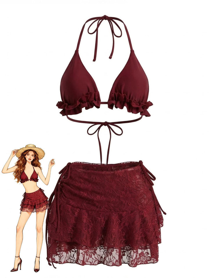 1960s Ruffled Halter Bikini Set &amp; Floral Lace Cover-Up - vintage swimwear, retro swimsuit, pin-up style for vintage lovers