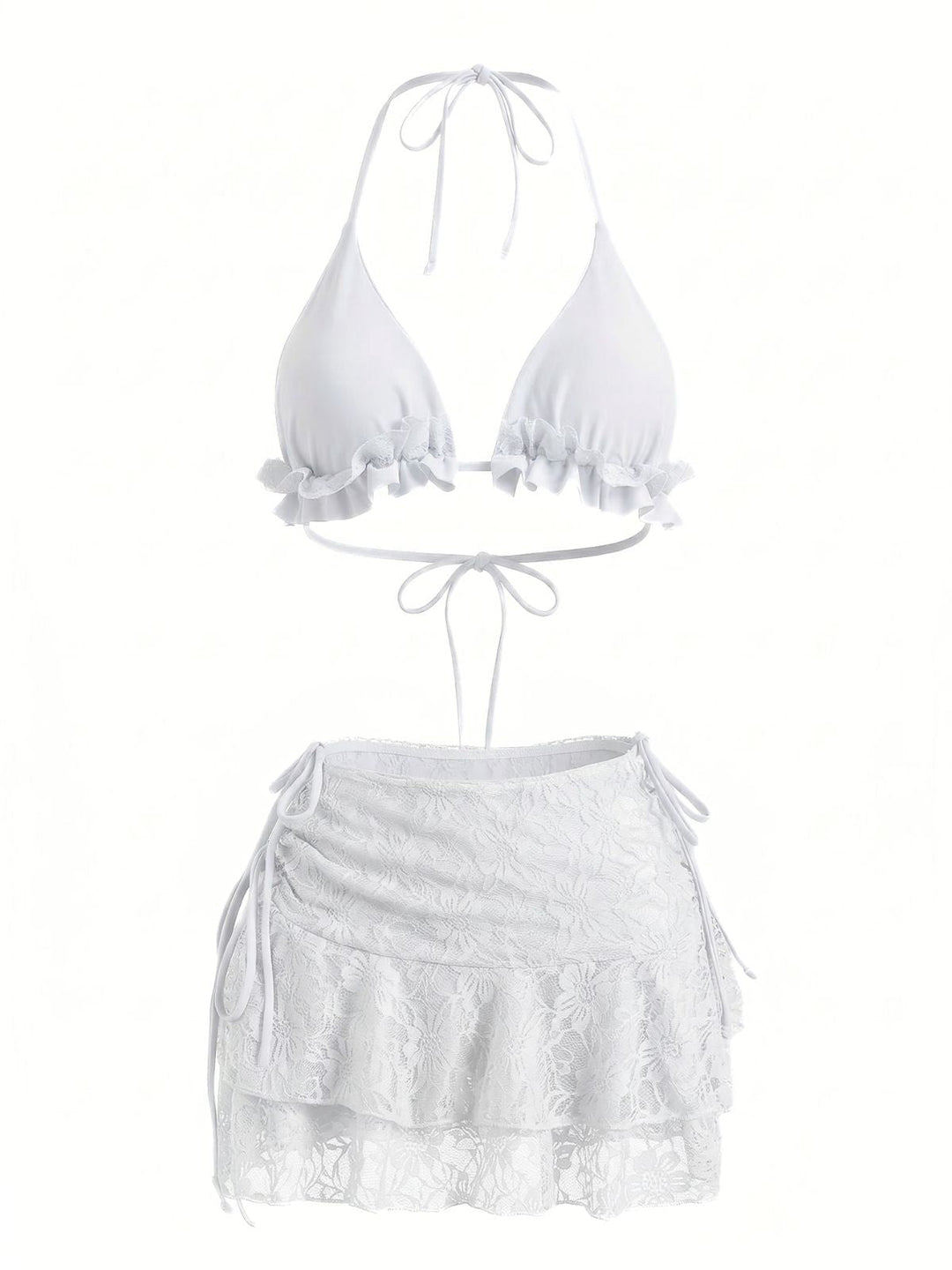 1960s Ruffled Halter Bikini Set &amp; Floral Lace Cover-Up - vintage swimwear, retro swimsuit, pin-up style for vintage lovers