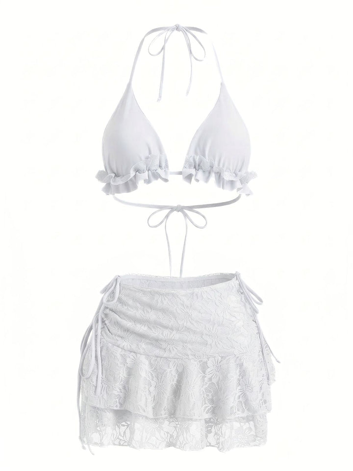 1960s Ruffled Halter Bikini Set &amp; Floral Lace Cover-Up - vintage swimwear, retro swimsuit, pin-up style for vintage lovers