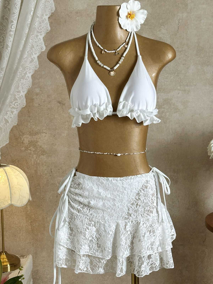 1960s Ruffled Halter Bikini Set &amp; Floral Lace Cover-Up: beautiful vintage swimwear, retro swimsuit, pin-up style with timeless appeal