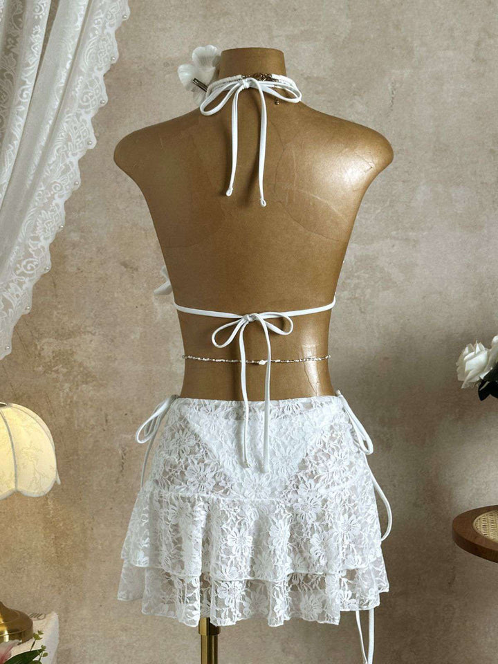 1960s Ruffled Halter Bikini Set &amp; Floral Lace Cover-Up | vintage swimwear, retro swimsuit, pin-up style - perfect for retro fashion enthusiasts
